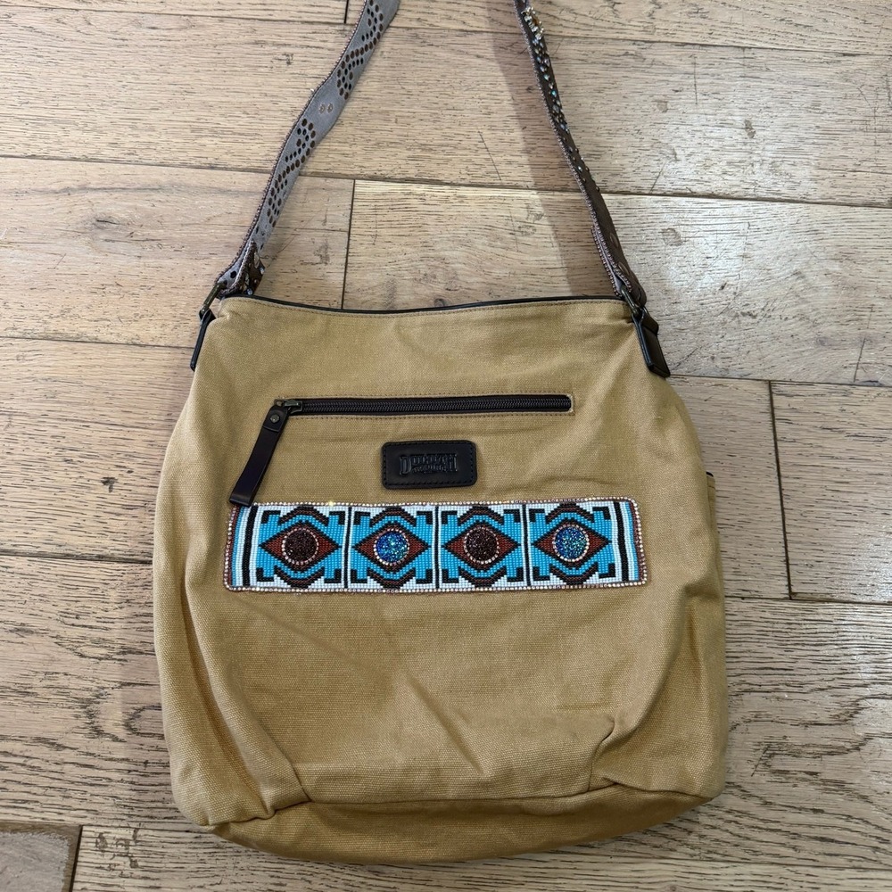 Duluth Trading Co Tan Canvas‎ Beaded Southwestern Hobo Shoulder Bag Tan Boho